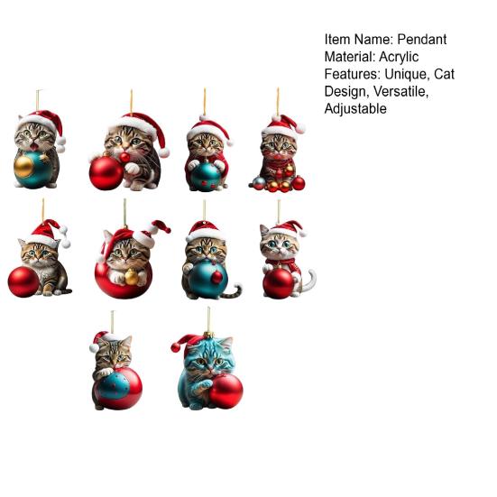 10Pcs Car Rearview Mirror Pendant 2D Acrylic Cat Charm Christmas Tree Ornament Car Interior Accessory