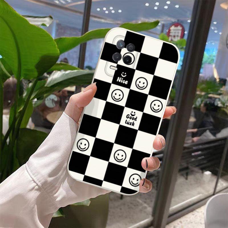 Realme8Pro 5G Mobile Phone Case Smiley Face Retro Nice Simple Black and White Grid Bracelet Bracket