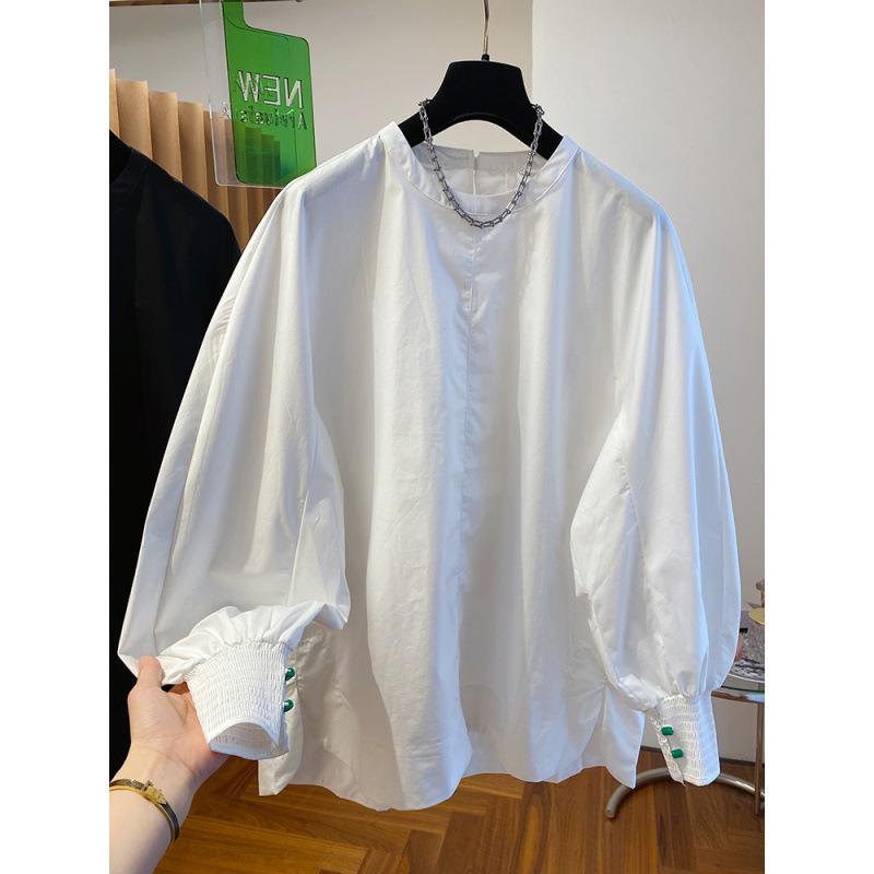 2025 Spring Loose Lantern Sleeve Pullover: Solid Color Round Neck Top Medium белый