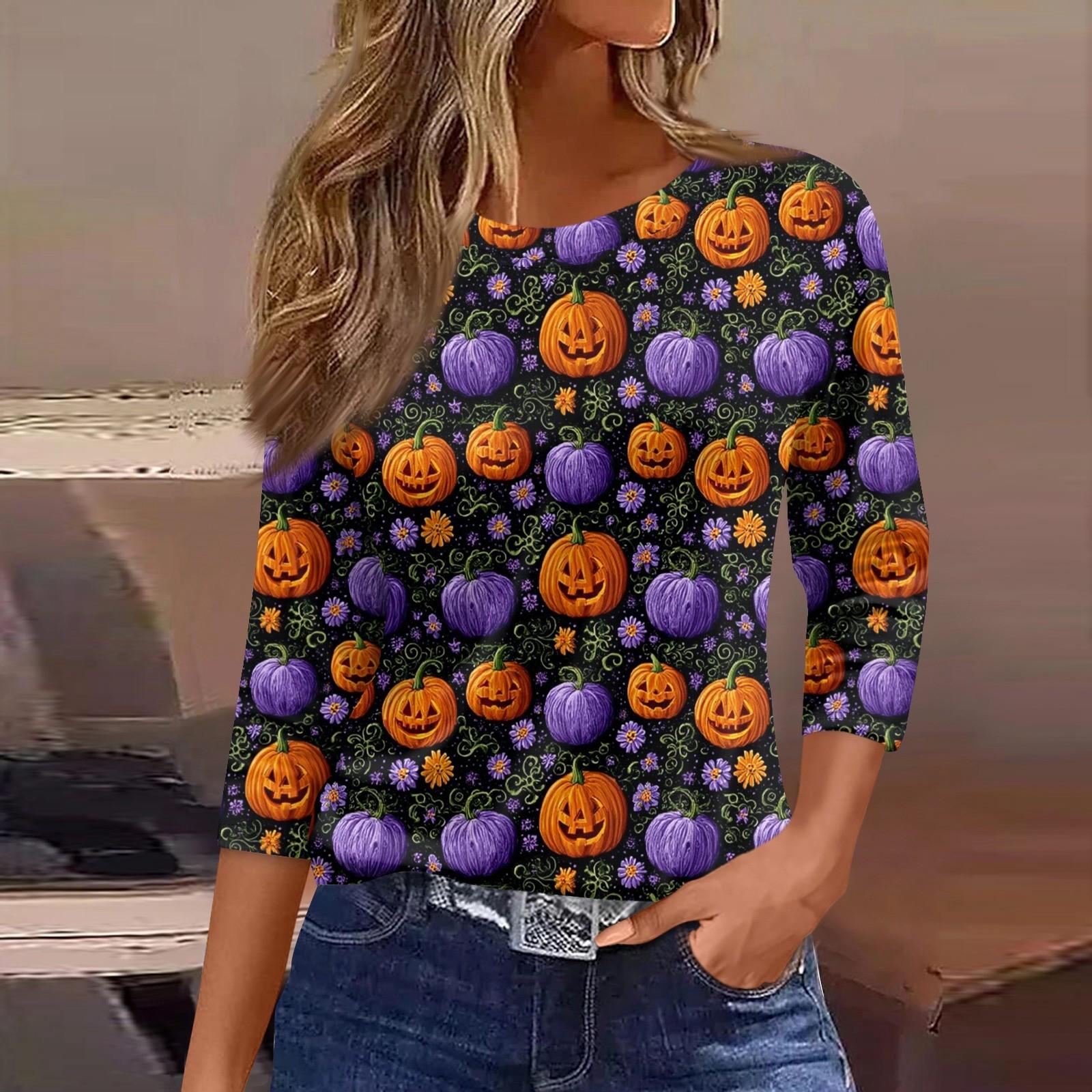 

Women s Fashion Casual Three-quarter Sleeve Halloween Printed Round Neck Top L