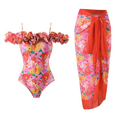 Nuevo Traje de Baño Entero Estampado para Mujer Capa Espacial Encaje Moda Sexy Dos Piezas Falda de Gasa