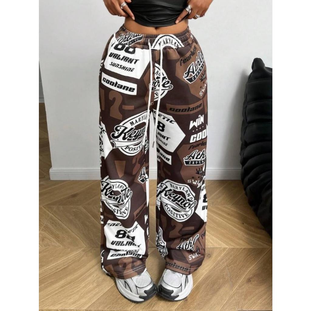 Pantaloni Larghi da Donna a Vita Media con Coulisse, Stampa Graffiti Hip Hop, Pantaloni Casual Larghi con Tasche Laterali