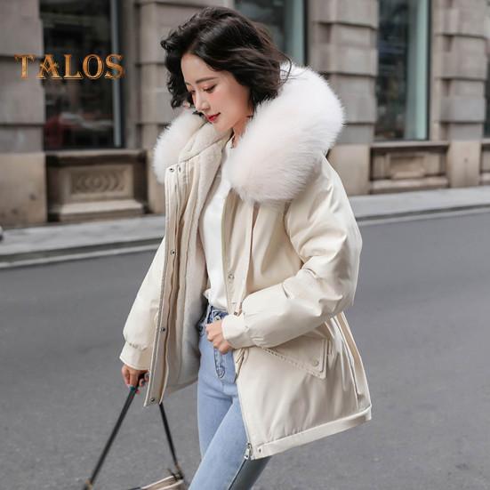 Women Padded Jacket Thickened Plush Lined Coat with Drawstring Waist Winter Warm Puffer Jacket with Faux Fur Hood for Work Streetwear