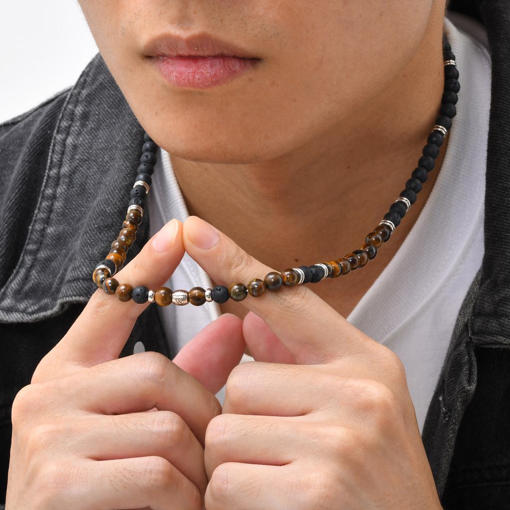 Tiger Eye Stone Beads Necklace for Men Boys,Casual Black Brown Beaded Collar,Summer Beach Jewelry Gifts