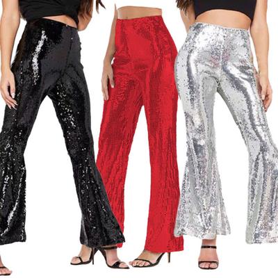 Women Pants Shiny Sequin See-through Elastic High Waist Thin Loose Flared Hem