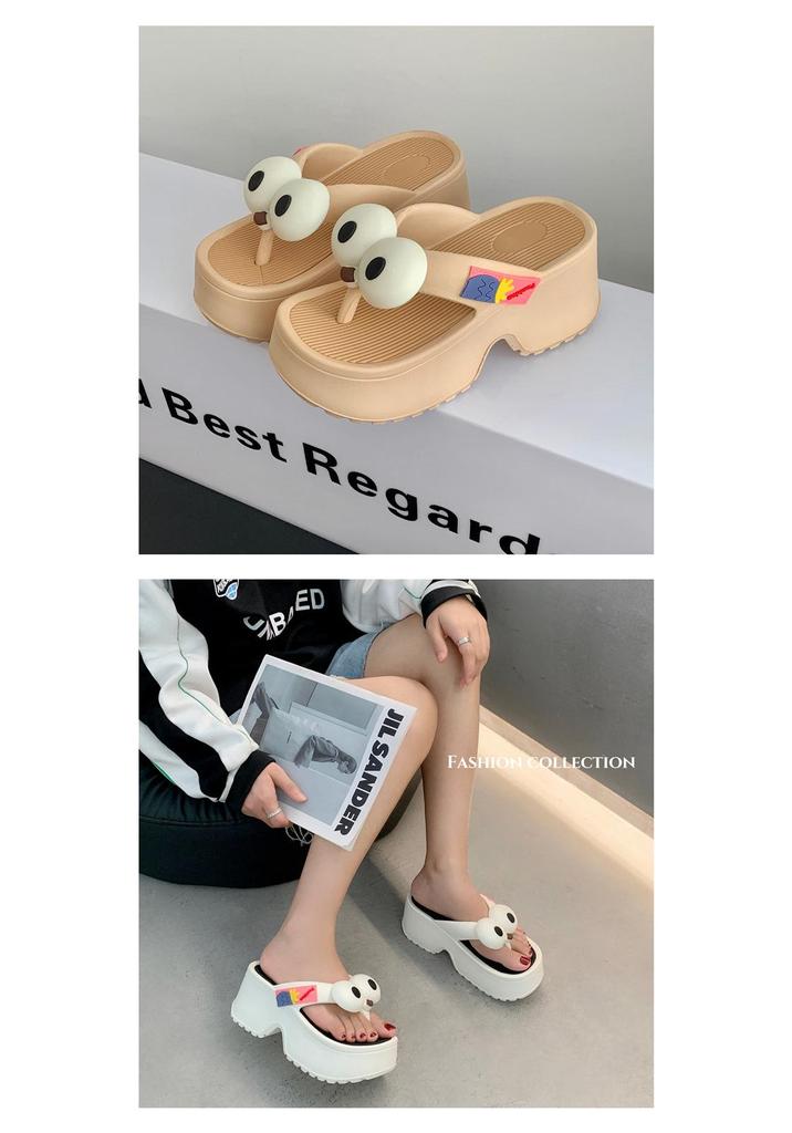Women's Thick-Soled Summer Flip-Flops: Big-Eyed Dog, EVA, Height-Increasing, Non-Slip Sandals