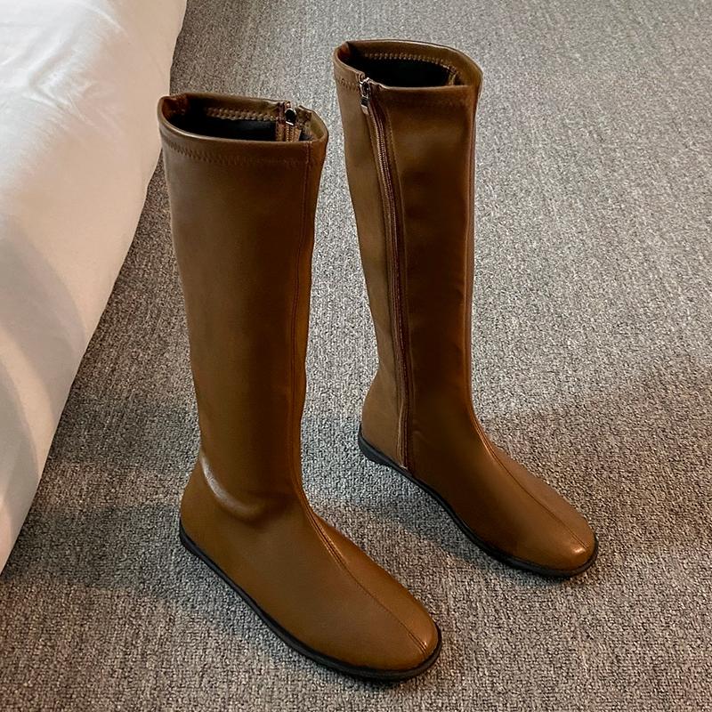 2026 New Spring Autumn Elastic Slimming Woman High Boot Concise Round Toe Shoes Ladies Soft Leather Flats Knight Long Booties