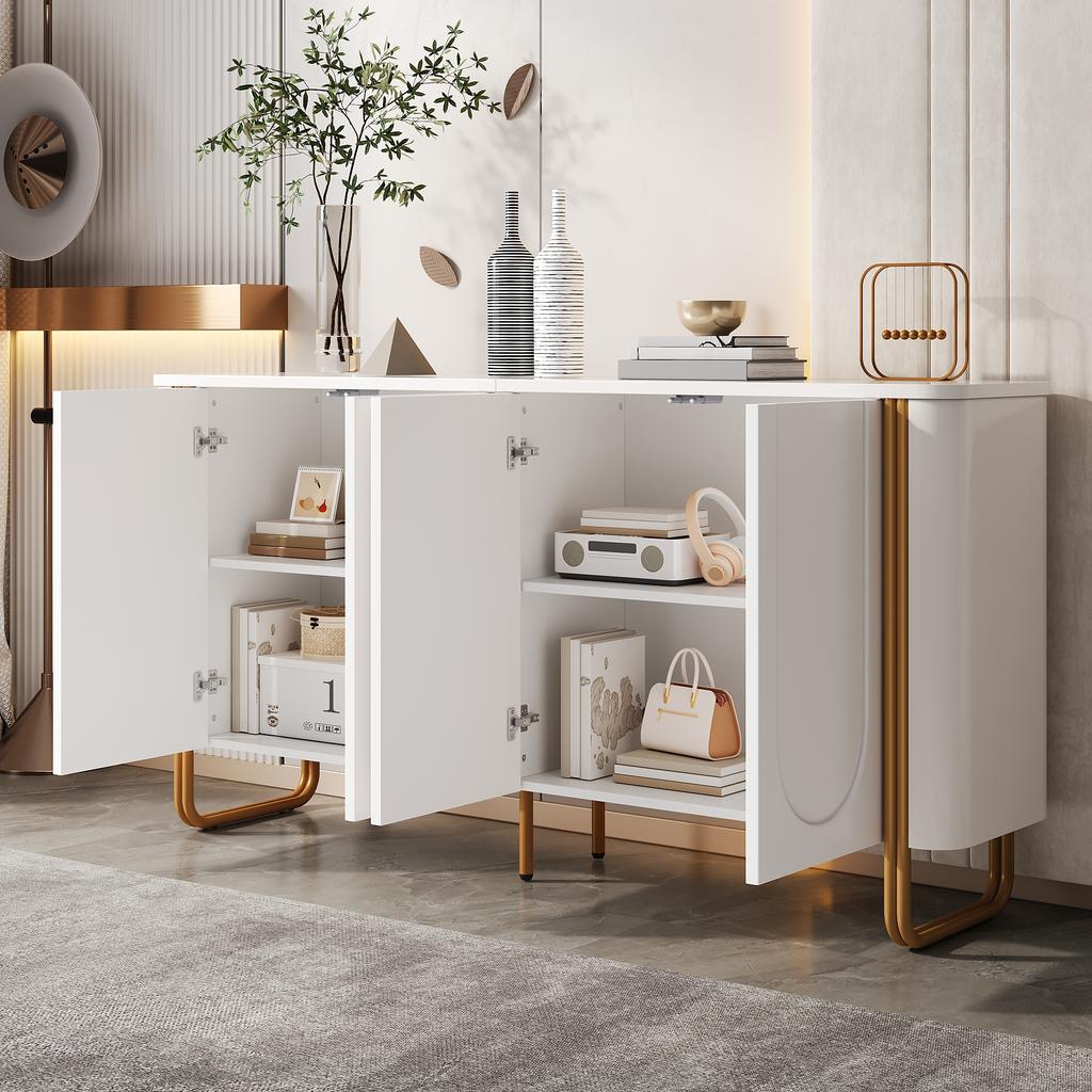 Sideboard Buffet MDF Iron Feet 4 Doors Arch Relief Rounded Corners Push-to-Open Staggered Storage Living Room