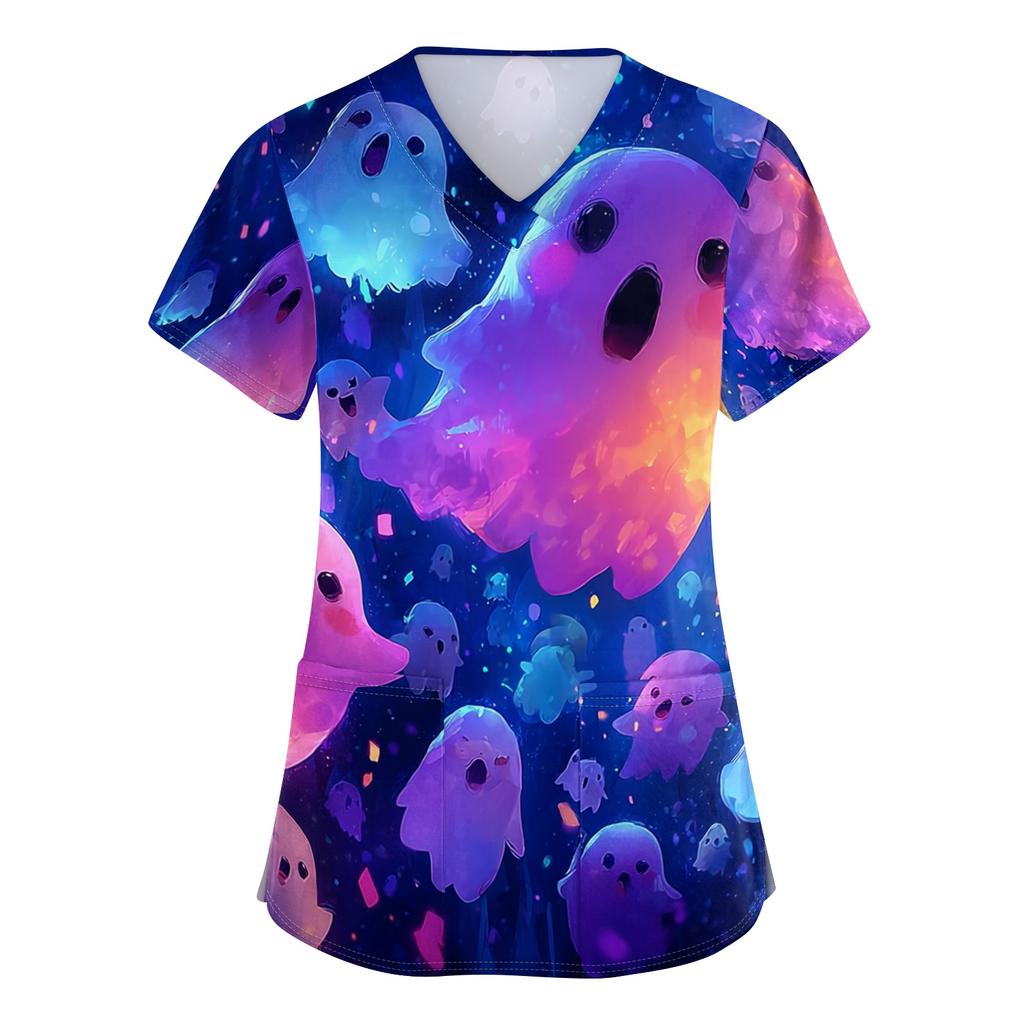 Women's V-Neck Short Sleeve Scrub Top with Pockets, Halloween Print Work Shirt for Clinic and Daily Wear