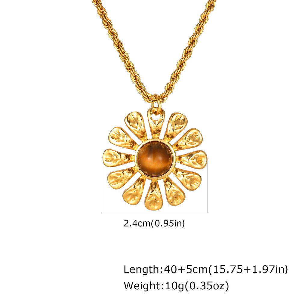 Fashion Gold Plated Flower Pendant Necklace for Women Round Natural Tiger Eye Stone Stainless Steel Necklace Waterproof Jewelry
