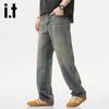 Izzueit Men's American Retro Loose Fit Washed Straight Leg Jeans
