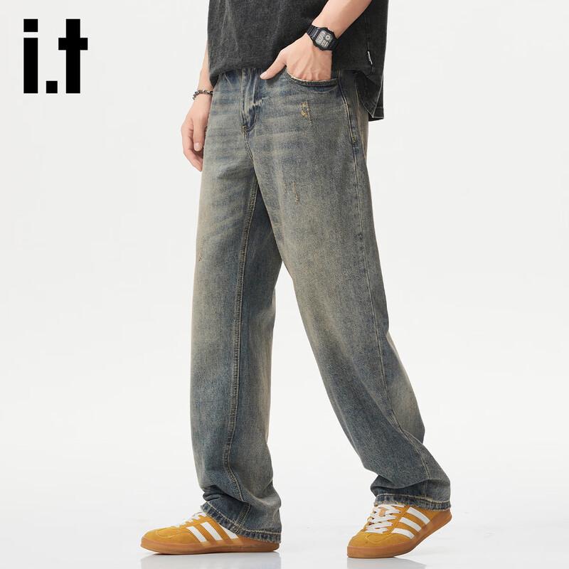 Izzueit Men's American Retro Loose Fit Washed Straight Leg Jeans