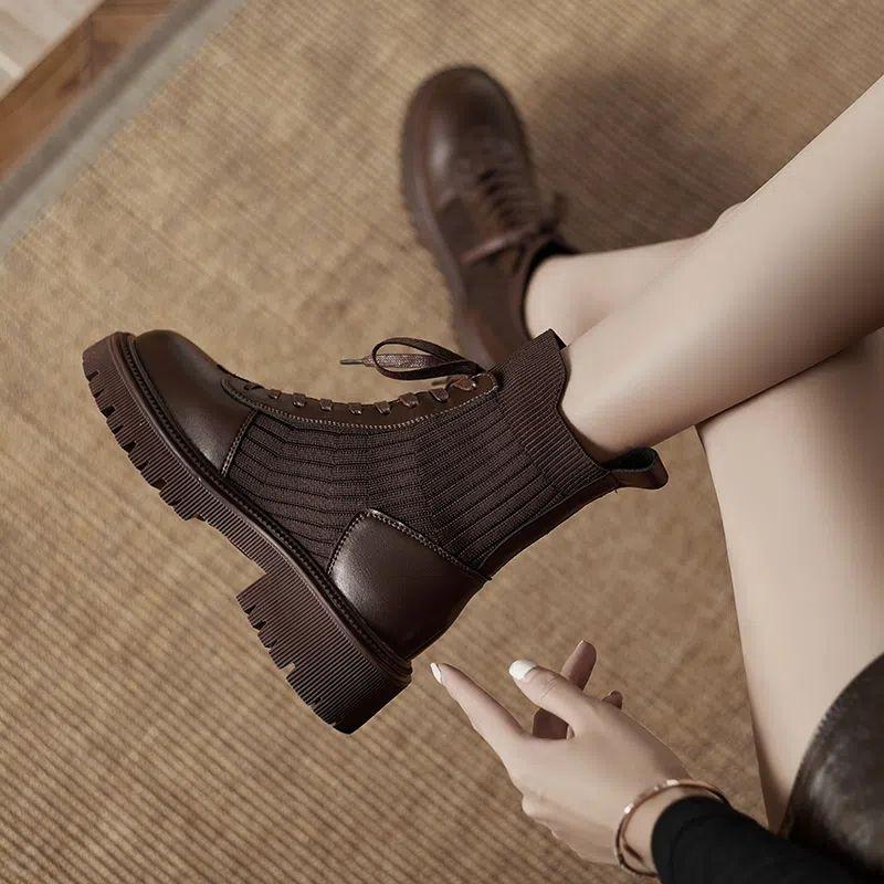 Booties Lace-up Sock Black Female Ankle Boots Punk Style Footwear Combat with Laces Short Shoes for Women Fashion 2024 New Rock