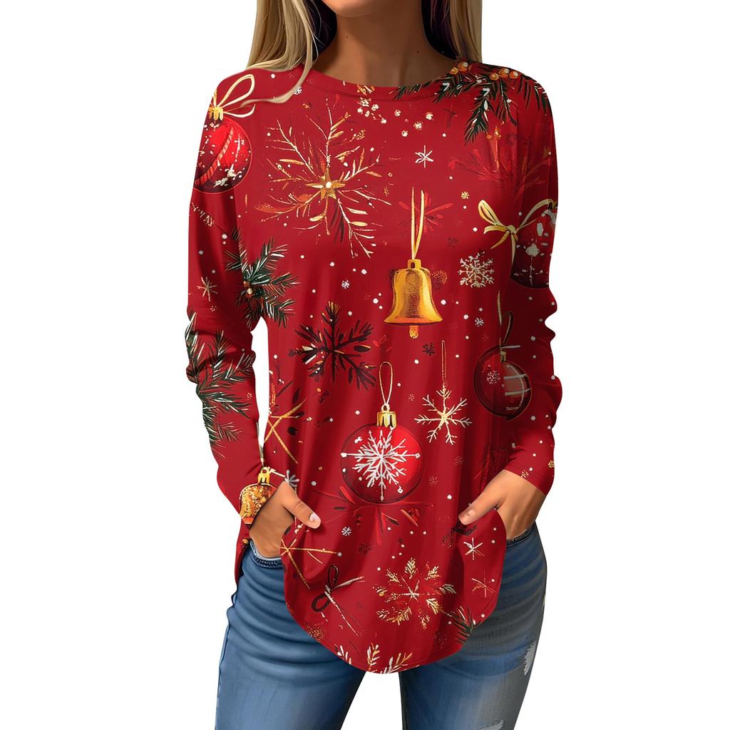 Women's Loose Round Neck Christmas Print Long Sleeve T-Shirt Top Pullover