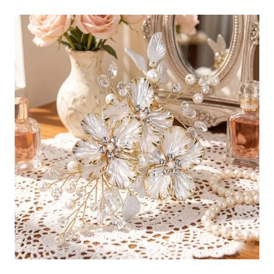 Elegant Cherry Blossom Hair Clip with Pearls and Rhinestones - Pink Gold Finish, Versatile for Kimono or Western Attire, Perfect for Weddings,