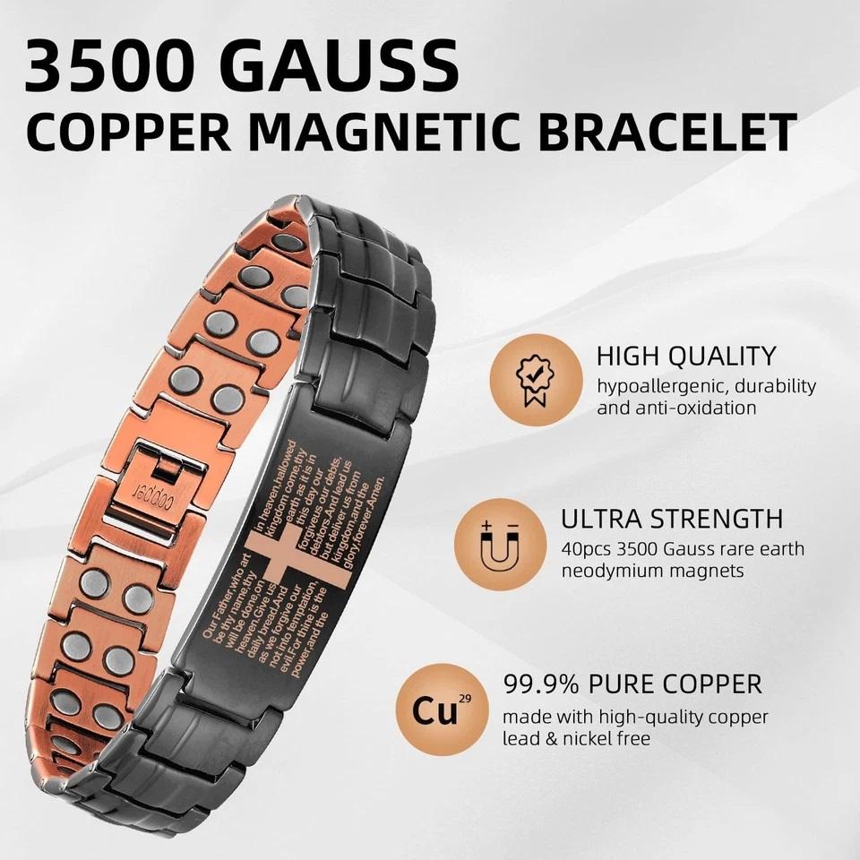 Pure Copper Classic Magnetic Bracelet for Men Double Row Ultra Strength Magnets Cross Engraved Anniversary Link Bracelet