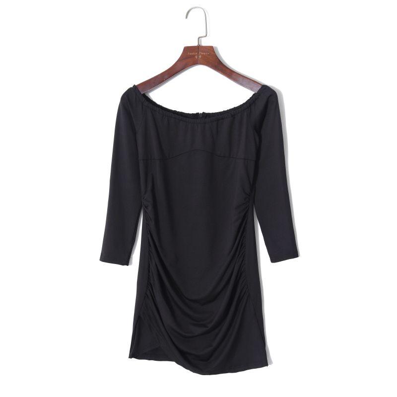 

2024 Summer Women s Clothing Fresh Pure Color Elegance off-Neck Pullover Long Sleeves Silm Ruched Irregular Dress Black 2XL