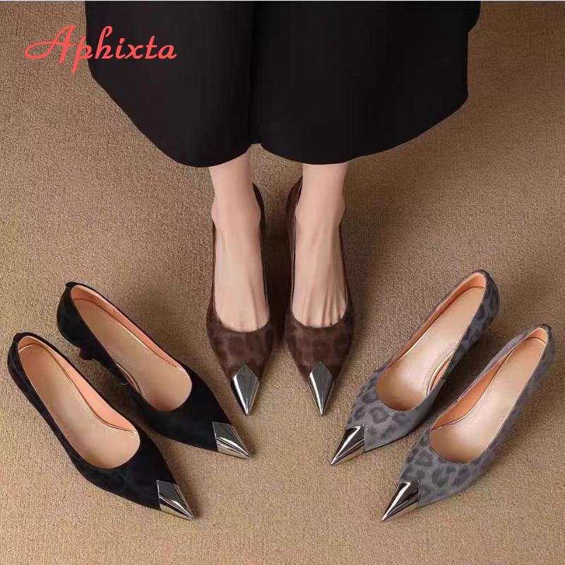 Aphixta High Heels Women Pumps Metal Decoration Pointed Toe Sexy Woman Party Shoes Leopard Prints Wedding Shoes Ladies Footwear