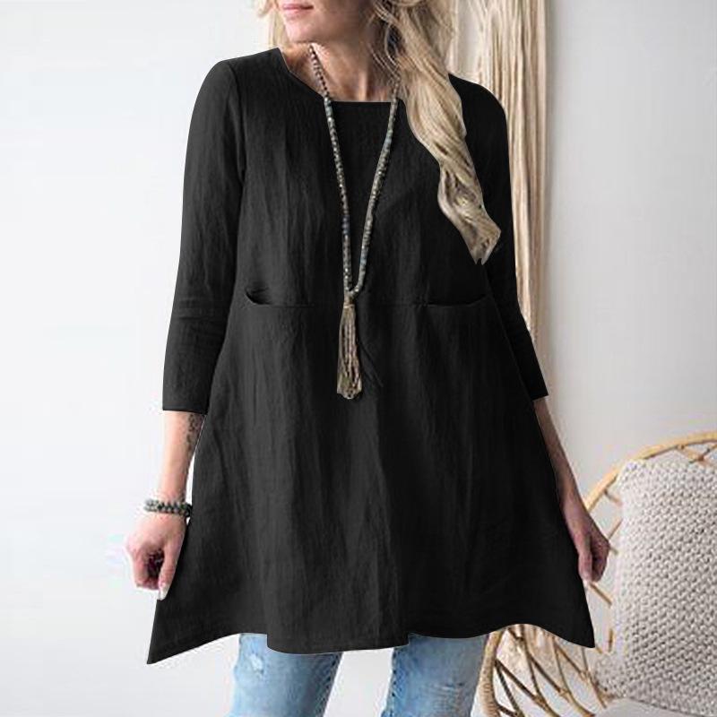 European and American Loose Round Neck Cotton Linen Women's Dress, Three-Quarter Sleeves (2023)
