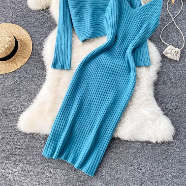 Women Autumn Winter Knit Set Slim Solid Color Two Piece All Match Crop Sweater Hip Dress For Ladies
