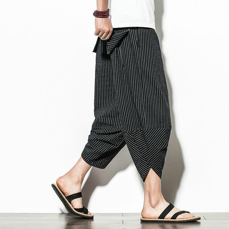 Harajuku Casual Wide Leg Harem Pants Men 2024 Summer Cotton Baggy Pants Striped Calf Length Trousers