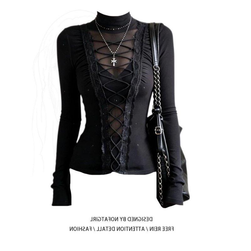Plus-Size Lace Patchwork Tie-Up Long-Sleeve T-Shirt for Women, Autumn and Winter Design, Stylish Base Shirt Top