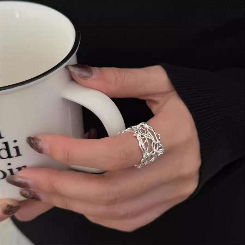 925 SilverHollow Out Line Ring For Women Irregular Mesh Punk Geometric Jewelry Gift
