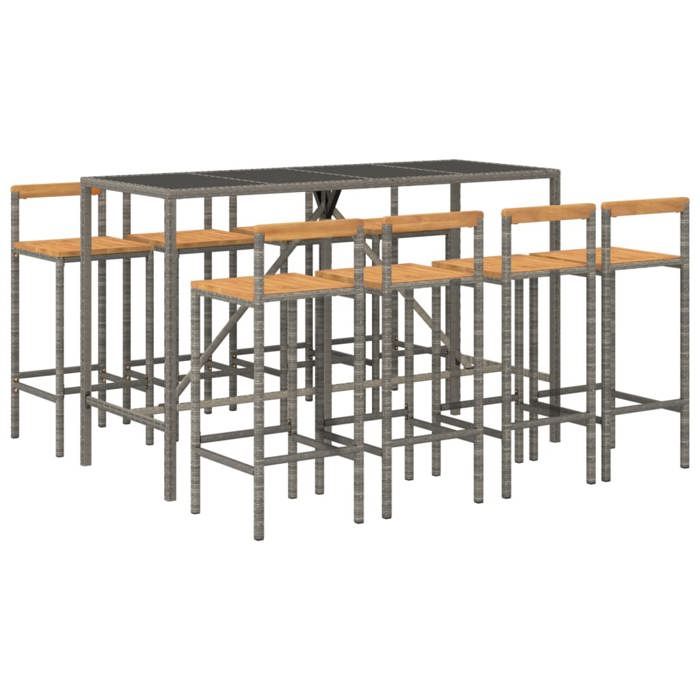 VidaXL Garden Bar Set 9 Pcs Grey Poly Rattan/solid Acacia Wood, Bar Table Set, Table and Bar Chair of 3187697
