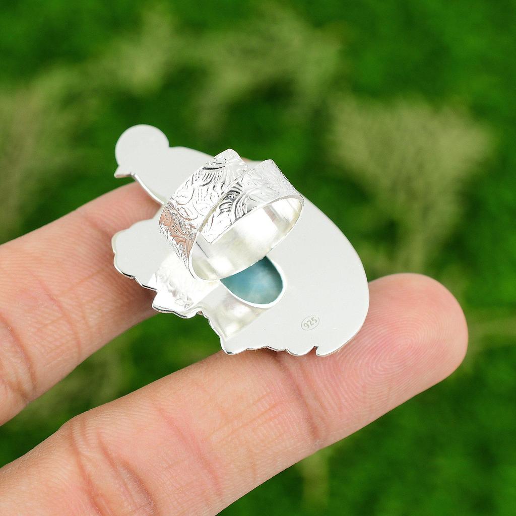 Natural Larimar Gemstone Promise Bird Adjustable Ring 925 Silver For Girls