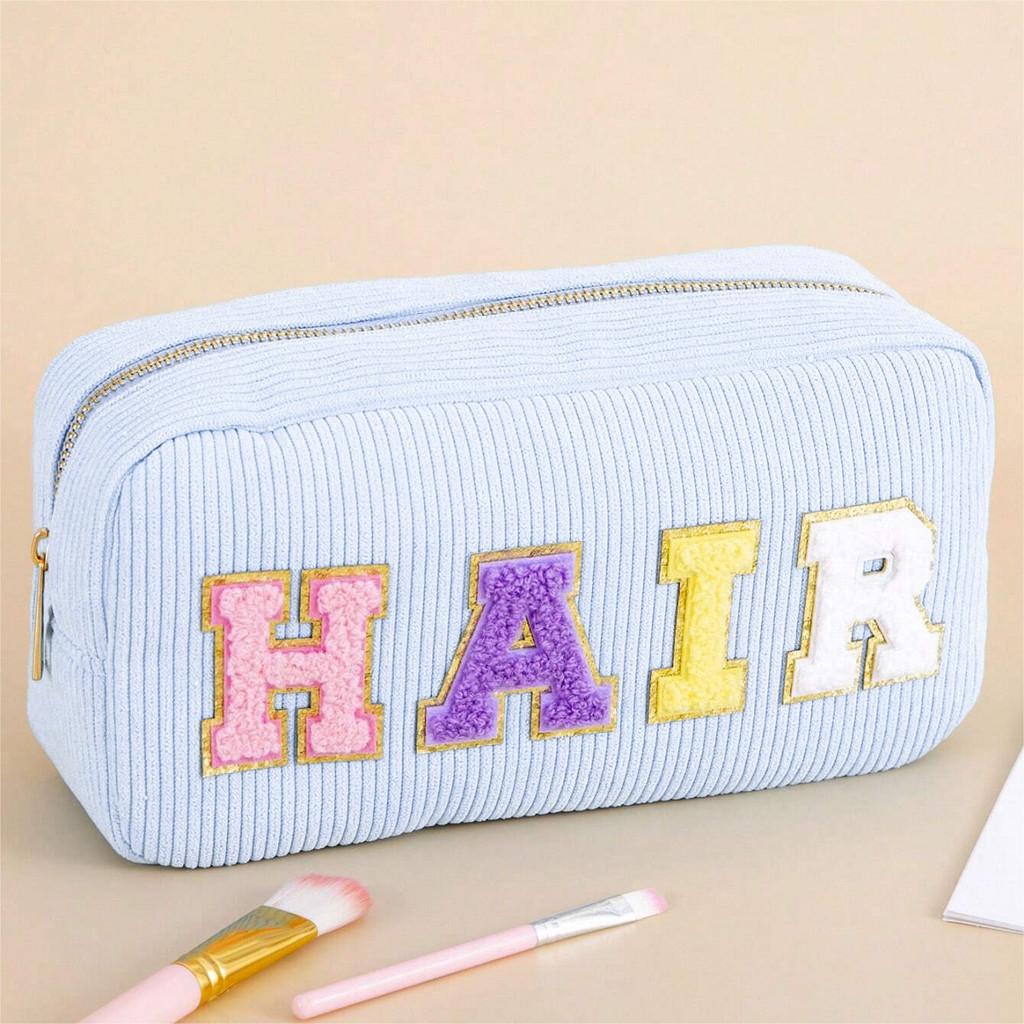 Cosy Velvet Makeup Bag With Embroidered Letters For Travel And Beauty Storage