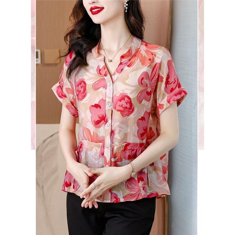 Summer Floral Blouse Women Loose Fit Slimming Beautiful Stylish Short Sleeve Shirt