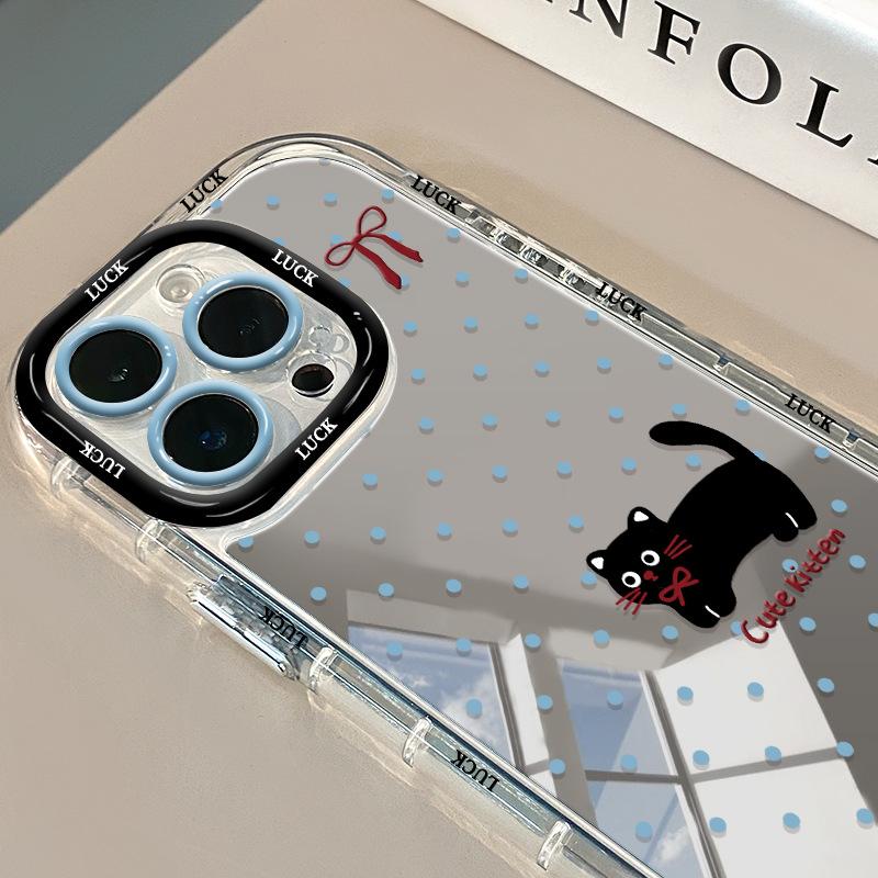 Blau Gepunktete Schwarze Katze für IPhone17promax Creme Spiegel Handyhülle Öl 16 Neu 15 Cartoon 14