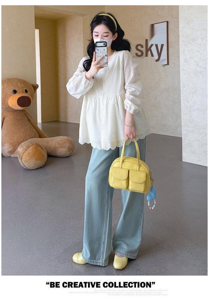 2026 Spring Maternity V-Neck Embroidered Doll Shirt – French Korean Style Loose Top