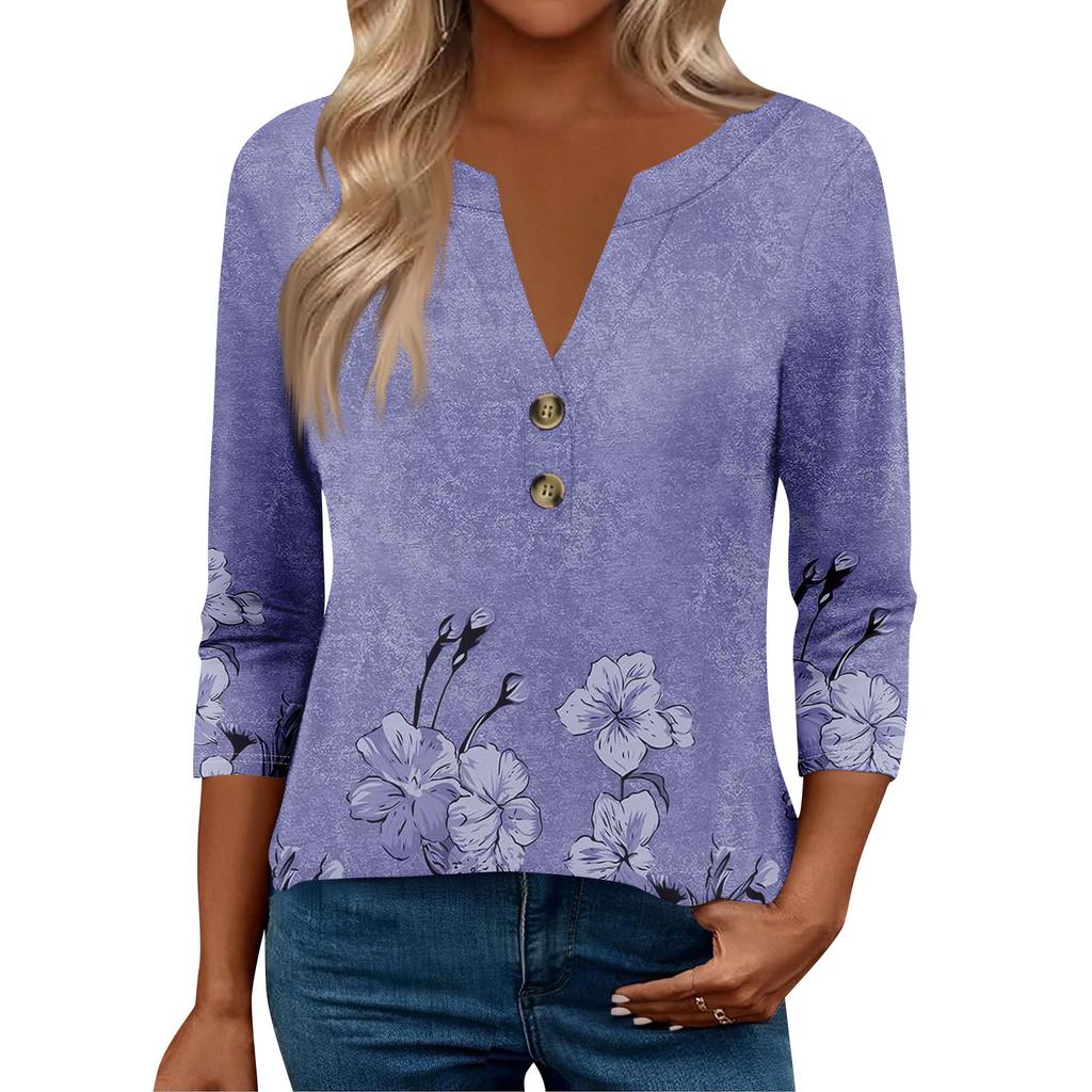 3/4 Sleeve Womens Tops For Women Henely Tops Button V Neck Loose Fit Dressy Womens Summer Tops