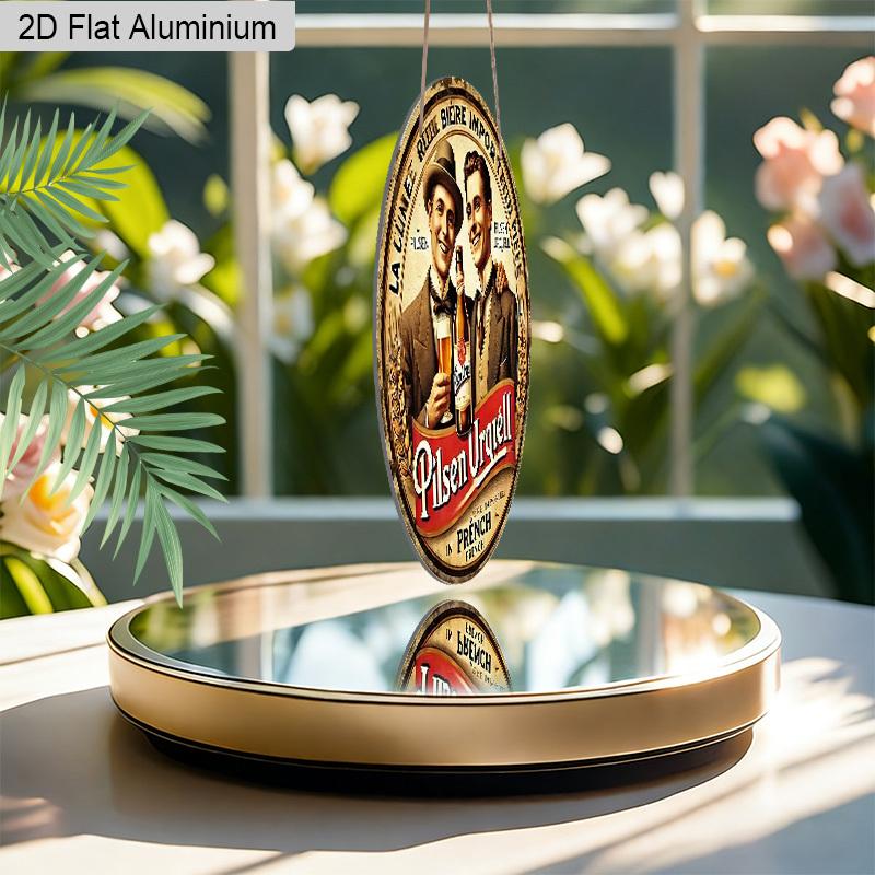 2D Flat Aluminum Retro Round Metal Sign Pilsner Urquell Beer Advertisement, Vintage Wall Art Decor with Hanging Rope, Rustic Chic Decoration for Home