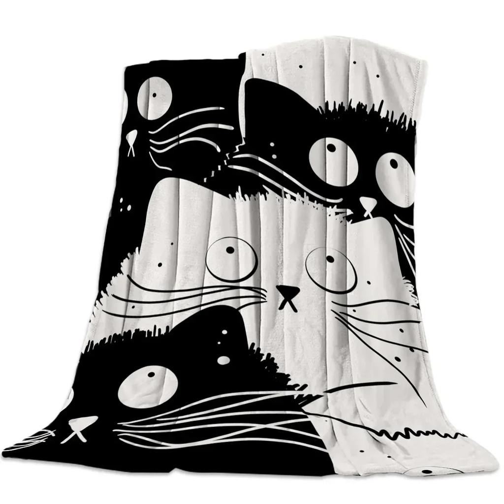 Schwarz-Weiß-Katzenmuster Flanell-Kuscheldecke für Sofa Bett Couch Weich Leicht Gemütlich Kinder Erwachsene Reisen Camping Geschenke