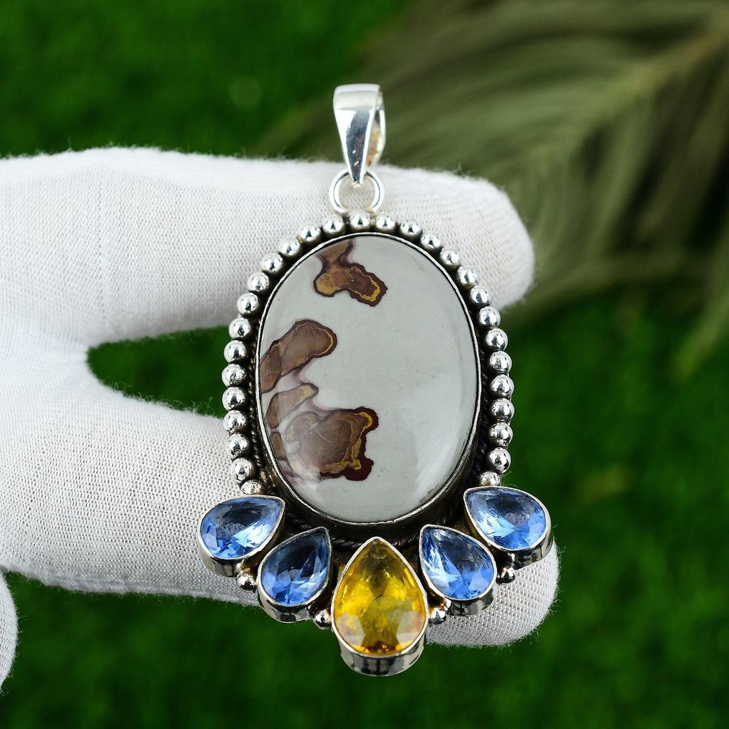 Birthday Gift For Her Natural Coffee Bean Jasper Gemstone Pendant 925 Silver