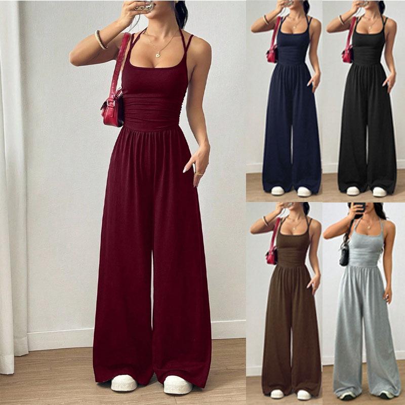 Women's Halterneck Suspender Pleated Waist Backless Jumpsuit