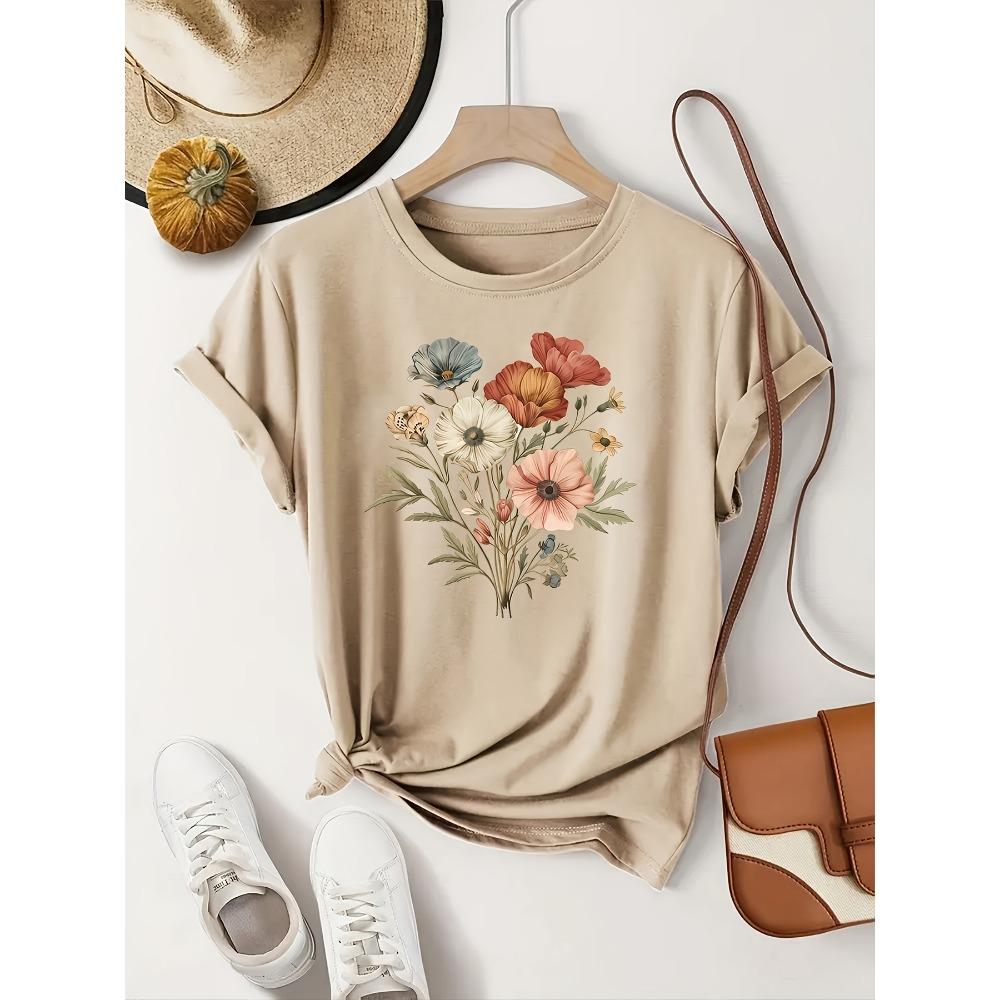 Summer Women's Casual Fashion Breathable T-shirt Round Neck Short Sleeve Color Printing Machine