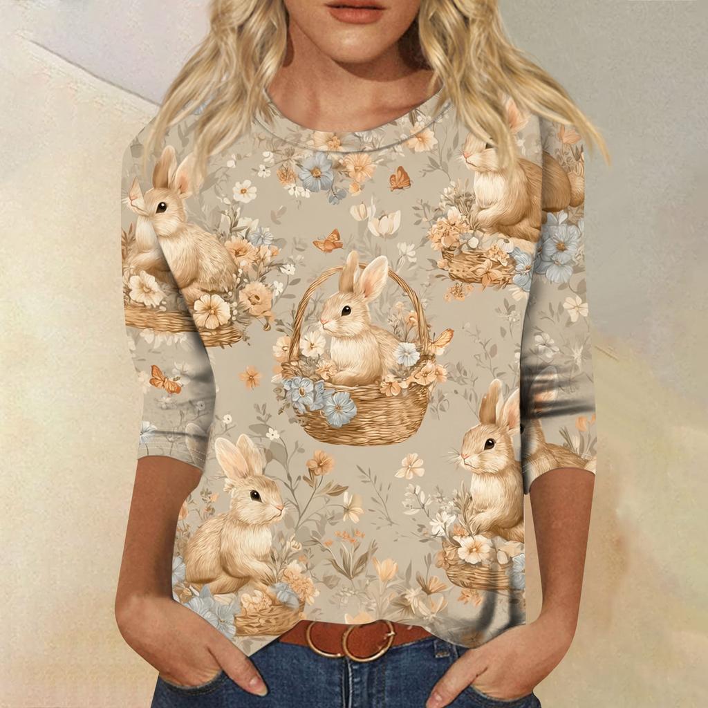 Women's Fashionable Casual Three-quarter Sleeve Easter Print Round Neck Pullover Top