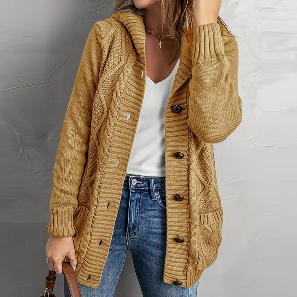 Women's Solid Color Long Sleeved Casual Pocket Knitted Sweater Cardigan Jacket