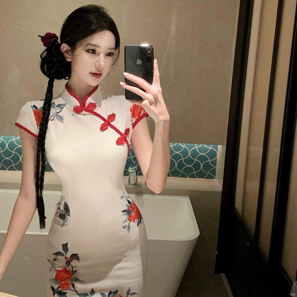 Summer Chinese-Style Cheongsam Dress with Frog Button, Waist-Cinched, Sexy Slit Midi Skirt – New Women's Arrival