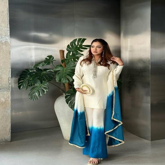 Chic Off-White and Teal Blue Ombre Sharara Set M