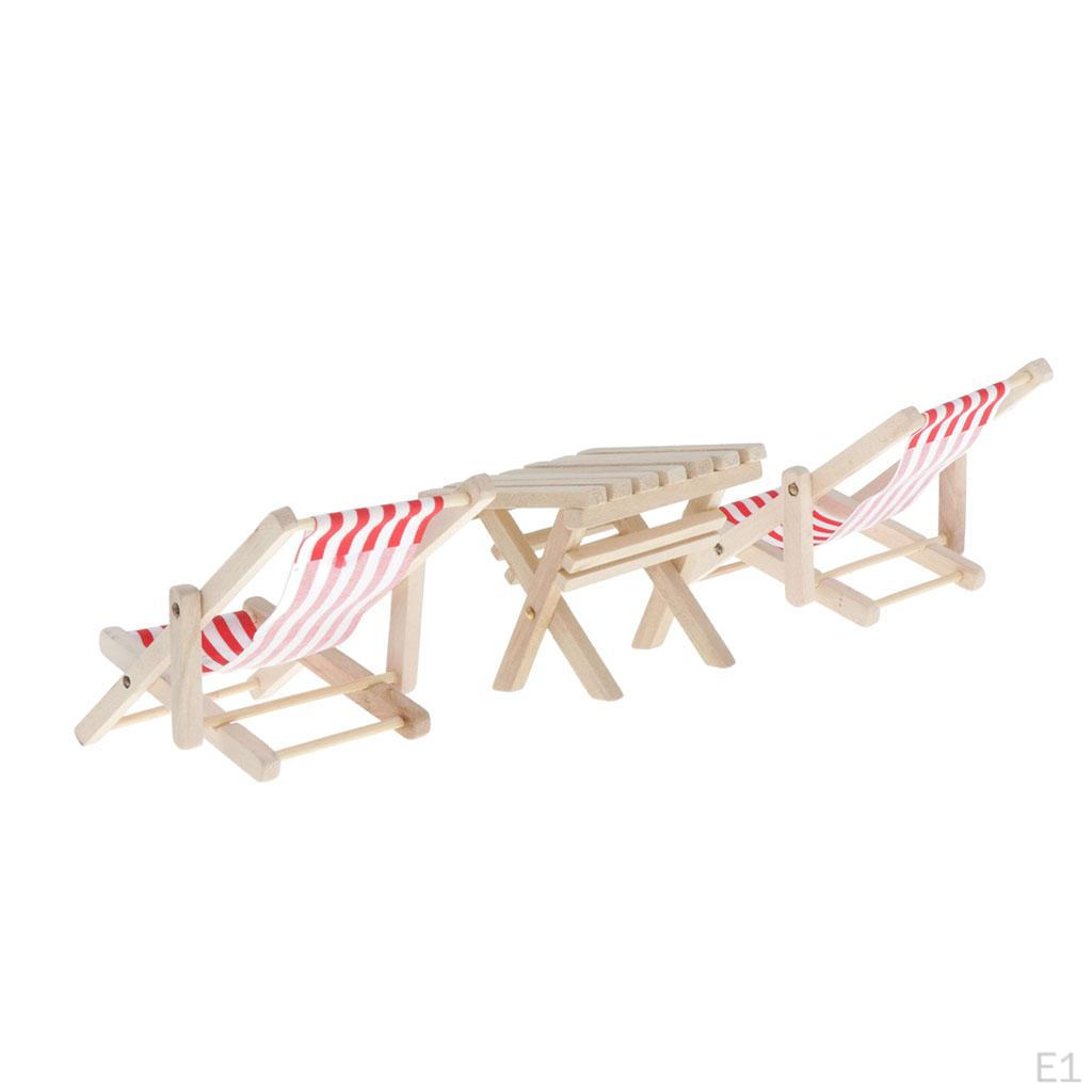 1/6 Dollhouse Miniature Wood Striped Lounge Chairs & Table Beach Set Red