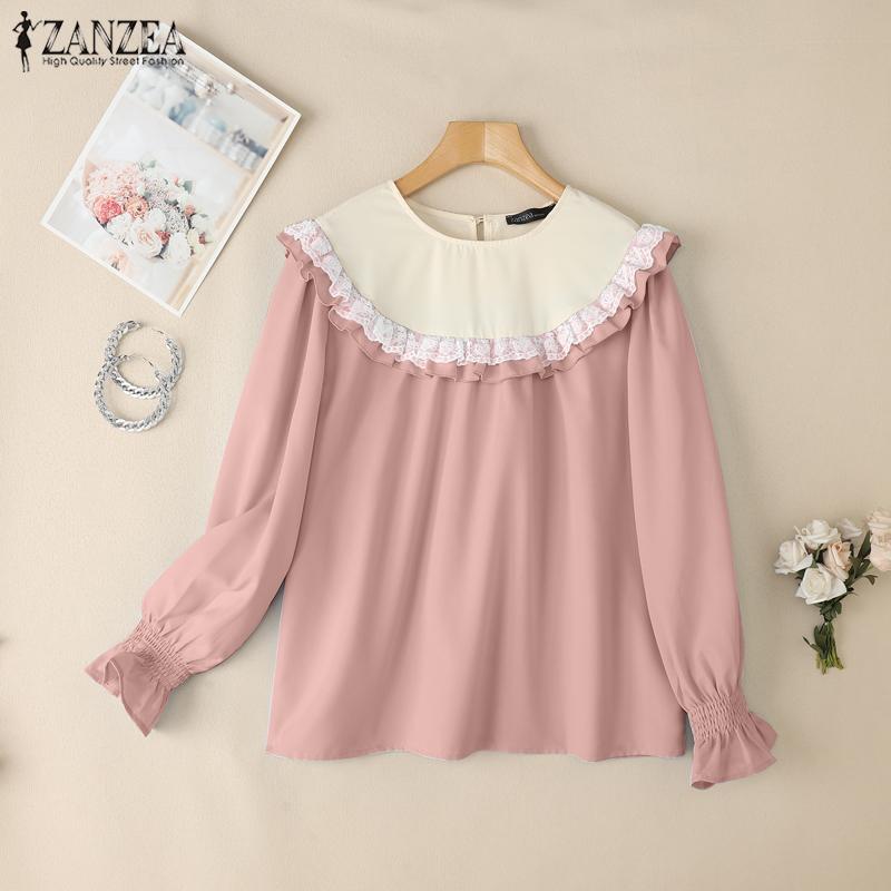 ZANZEA Women Casual Lace Patchwork Round Neck Long Sleeve Loose Blouse