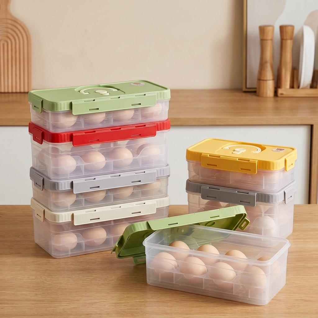 Egg Storage Box Refrigerator Organizer Stackable Plastic Food Containers With Lids Portable Handle Space Saving Kitchen Holder