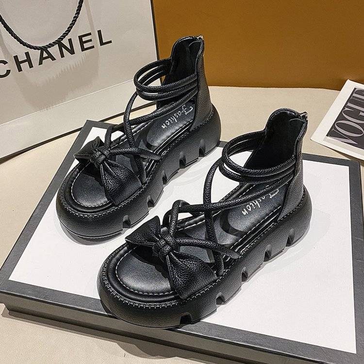 Sandals for Woman High Heels Women's Shoes Bow Summer 2025 Zip Footwear Heeled Platform Roman Style Pumps The Best H Daily Shoe