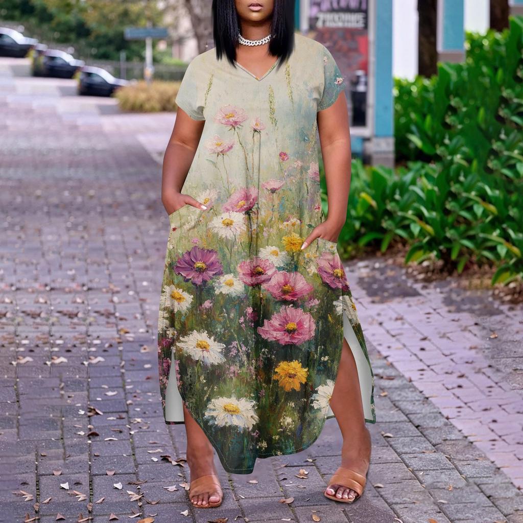 Women Floral Maxi Dress Summer Casual Short Sleeve Dress Sundress V-Neck Long Dresses With Pockets Beach Vacation