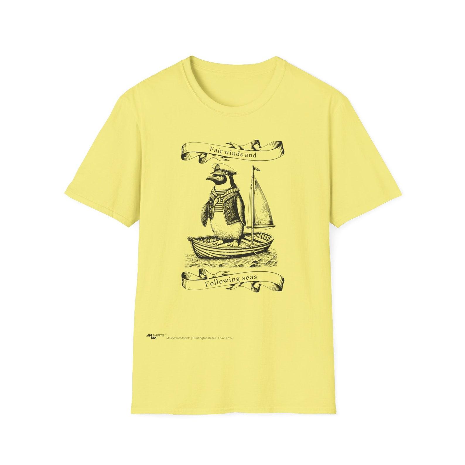 Fair Wind and Following Seas Sailing Penguin T-Shirt - Copper Engraving Style/ Unisex Softstyle T-Shirt 3XL