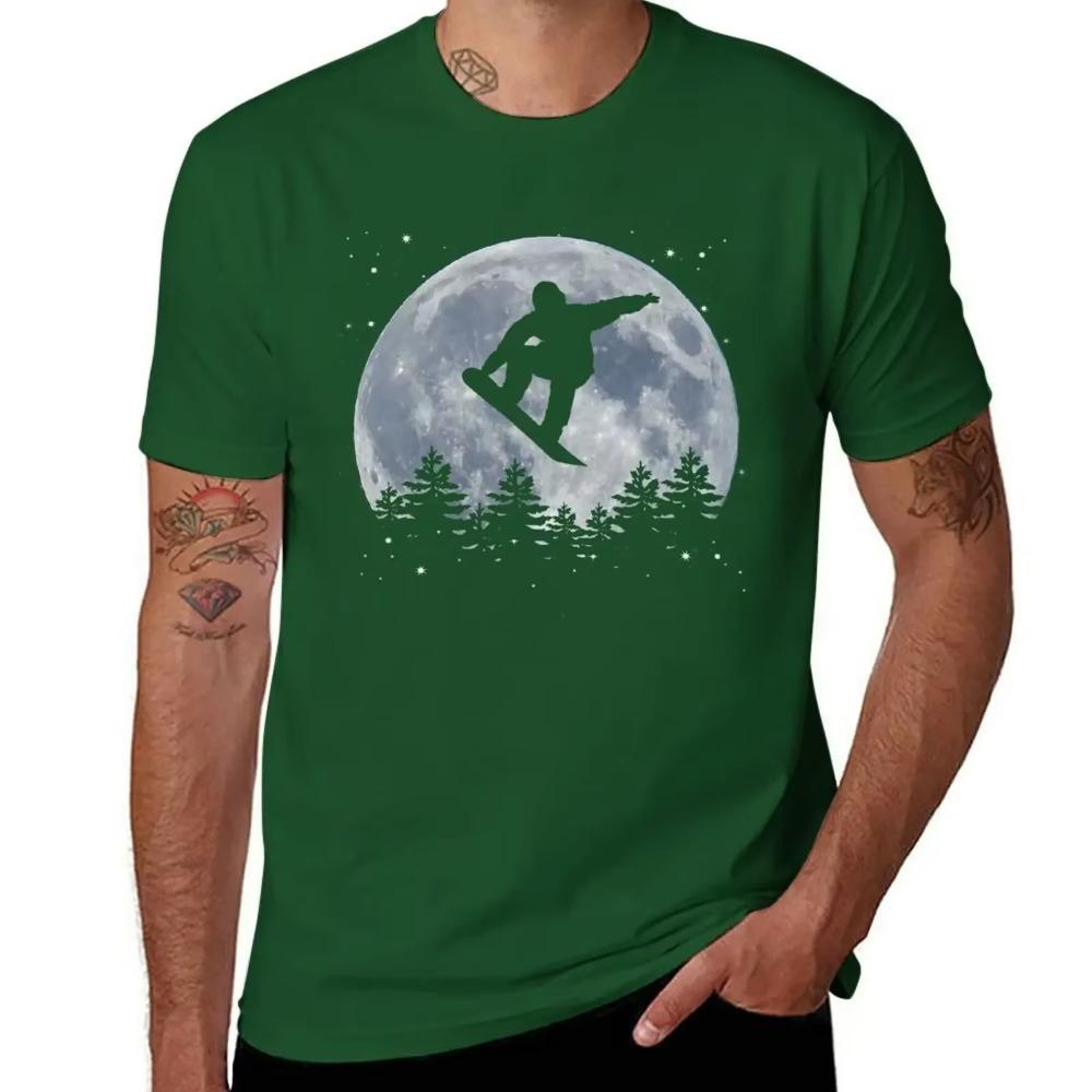 Camiseta de Snowboard Saltando Delante de la Luna Tallas Grandes de Secado Rápido Camisetas de Peso Pesado para Hombre